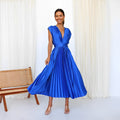Maxi Dress Women Pleated V-Neck Long Sleeve Tie Waist - 13 - Rokvane