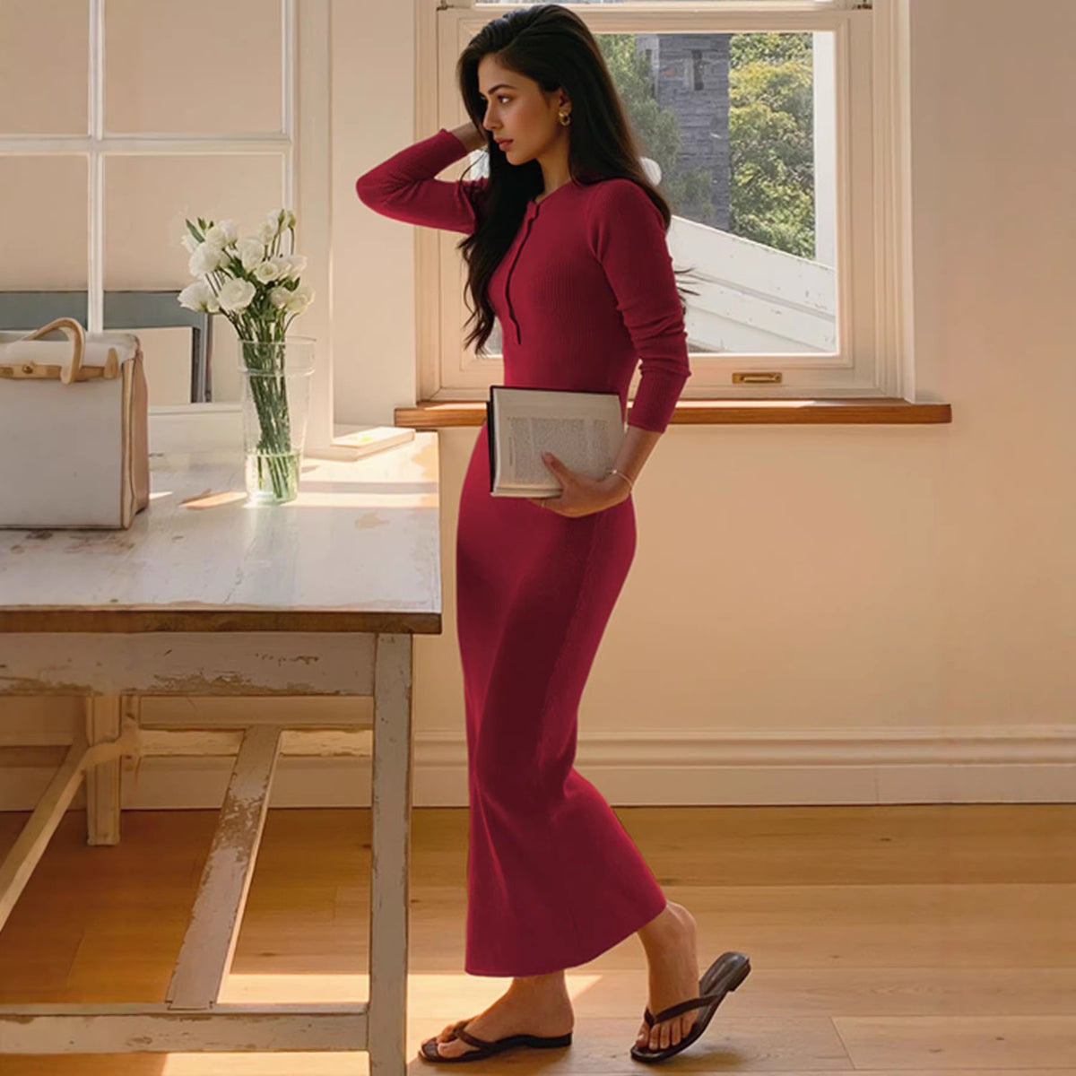 Midi Dress Women's Fitted Silhouette with Button Detail - 3 - Rokvane