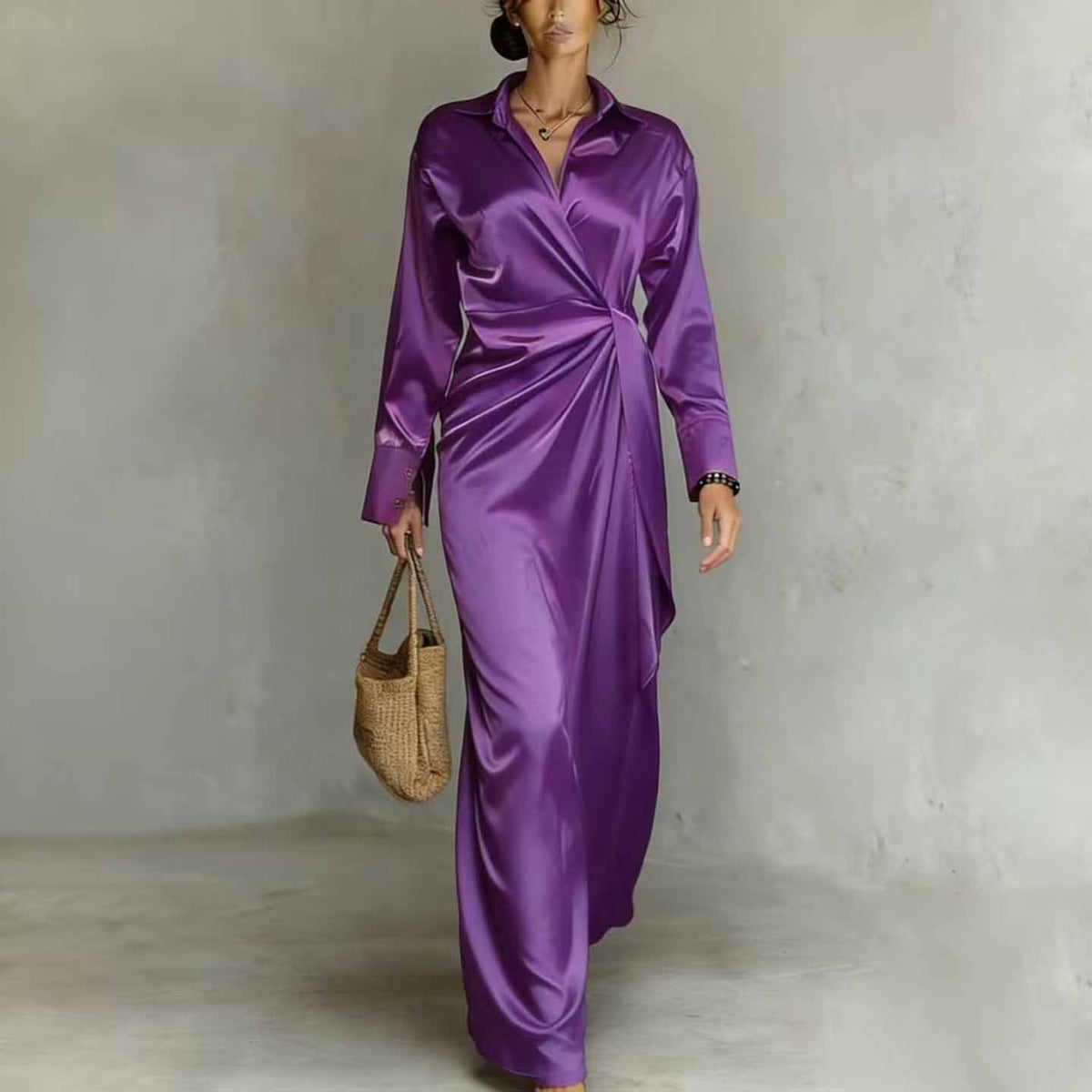 Maxi Dress Women Wrap Silhouette Long Sleeve Elegant Design - 3 - Rokvane