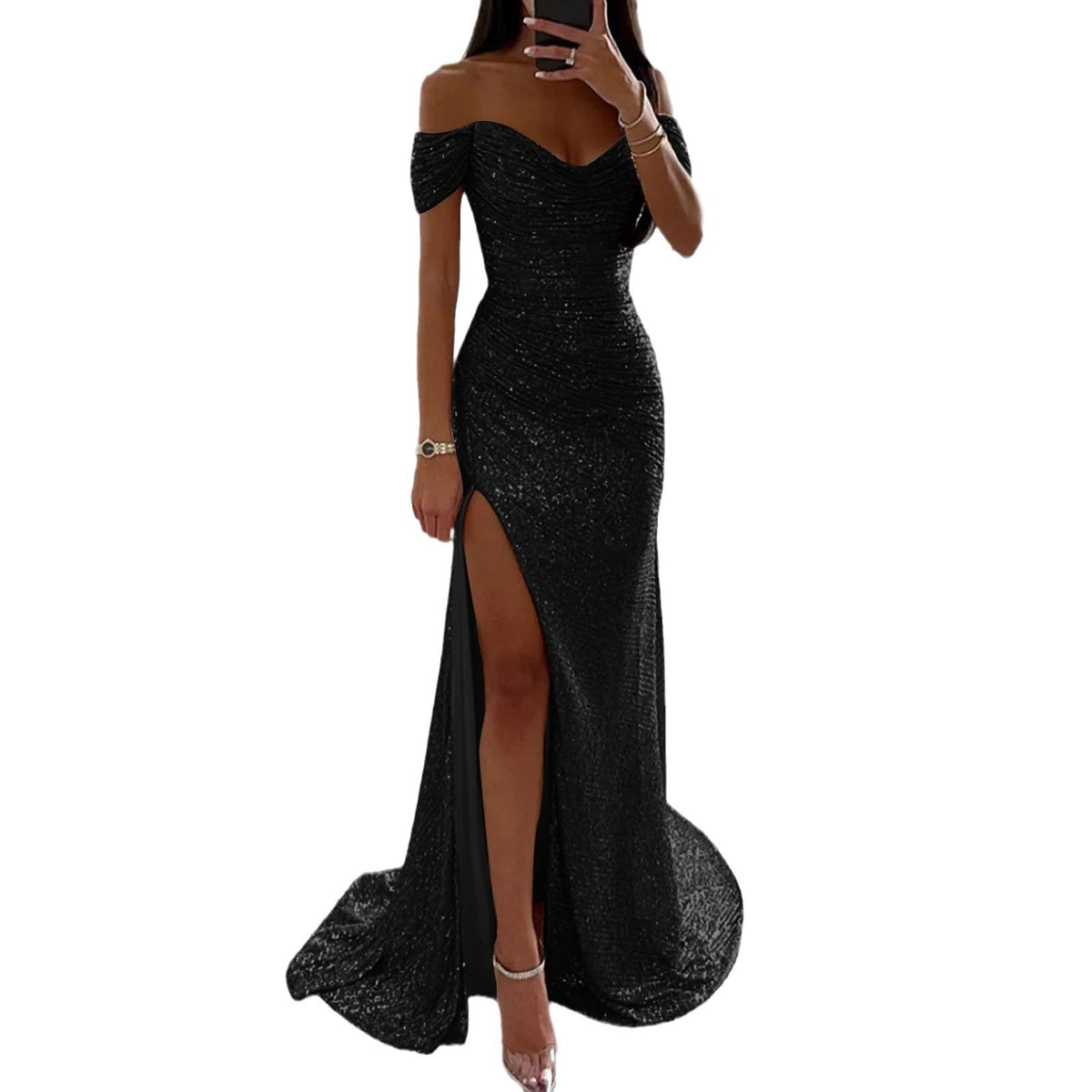 Evening Dress Women's Off-Shoulder Fitted Maxi with Slit - 4 - Rokvane
