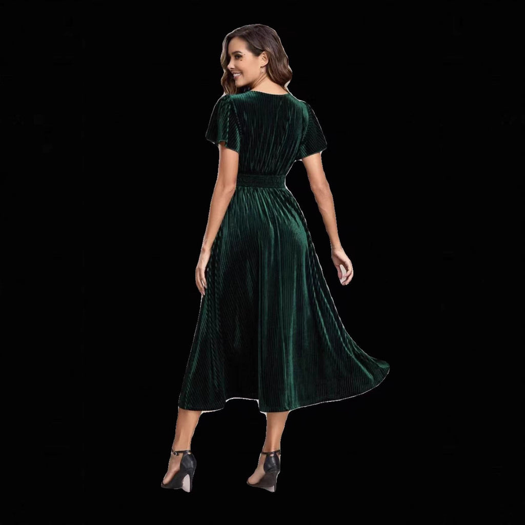 Midi Dress Women's Flared Silhouette with V-Neck and Ruffled Sleeves - 4 - Rokvane
