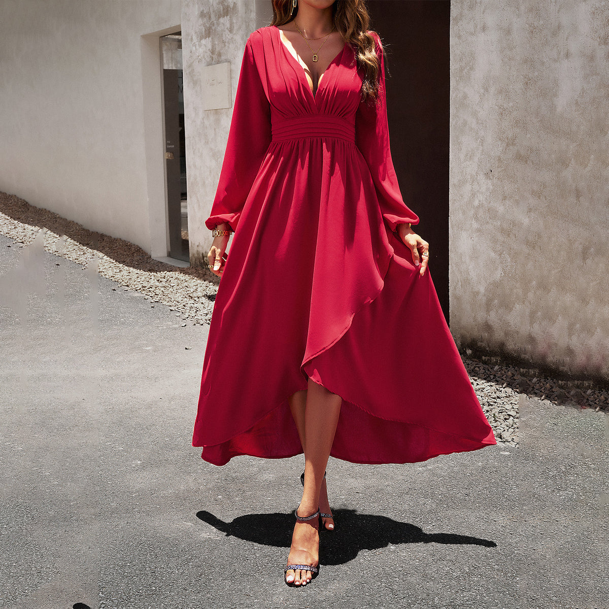 Maxi Dress Women's V-Neck Long Sleeve Wrap Design - 1 - Rokvane
