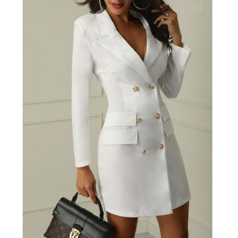 Blazer Dress Women Fitted V-Neck Long Sleeve with Double Breasted Buttons - 2 - Rokvane