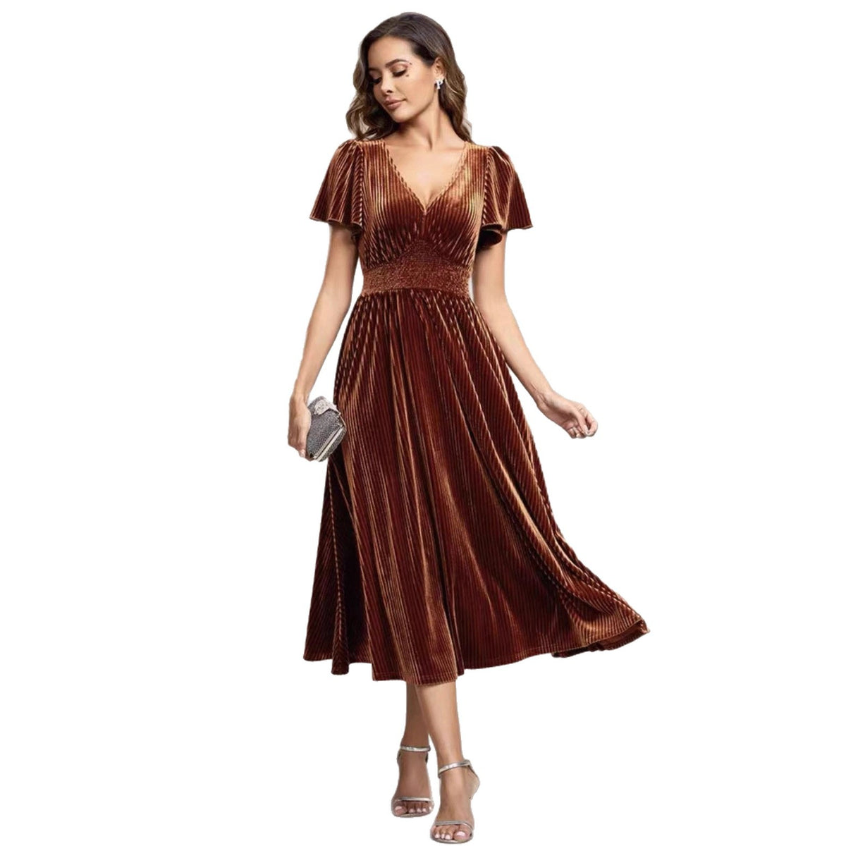 Midi Dress Women's Flared Silhouette with V-Neck and Ruffled Sleeves - 1 - Rokvane