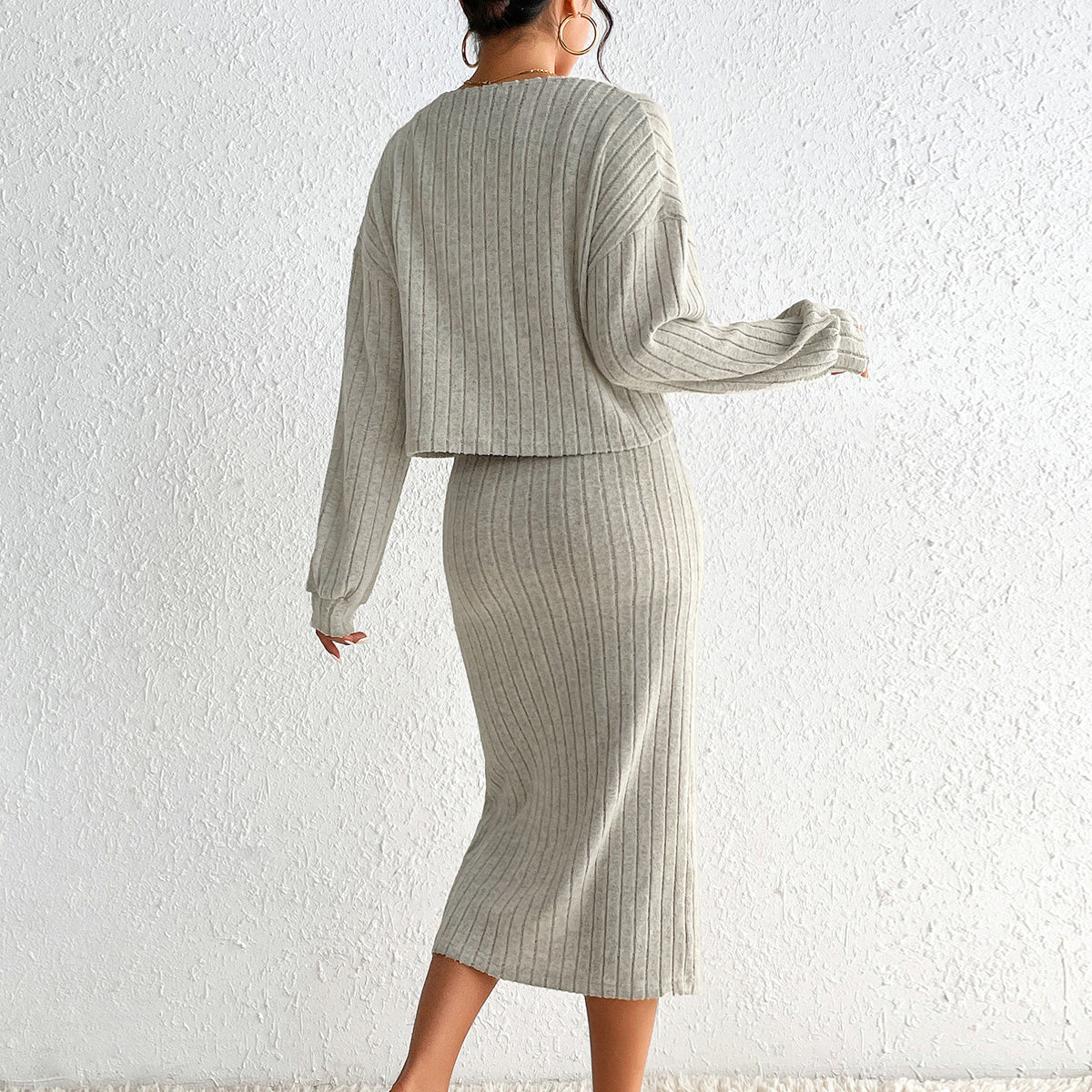 Two-Piece Set Women's Midi Dress with Split Hem and Cropped Cardigan - 5 - Rokvane