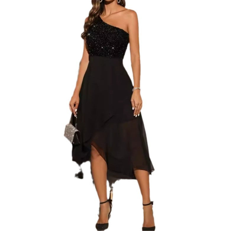 Evening Dress Women's Asymmetric Cut One-Shoulder Design with Sparkle - 4 - Rokvane