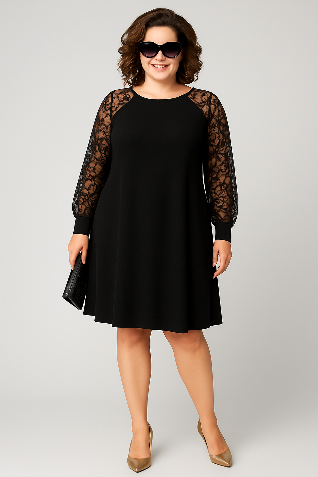 Flattering Black A-Line Dress with Lace Sleeves - 2 - Rokvane
