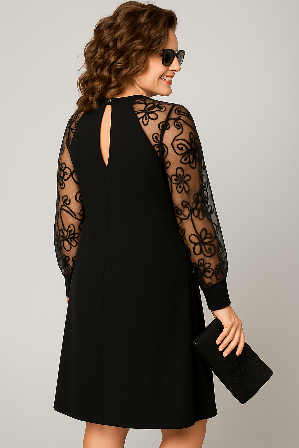 Flattering Black A-Line Dress with Lace Sleeves - 3 - Rokvane