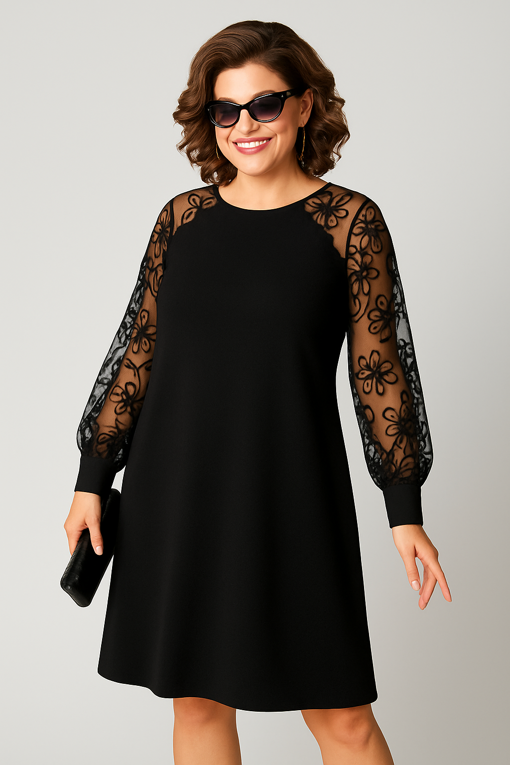 Flattering Black A-Line Dress with Lace Sleeves - 4 - Rokvane