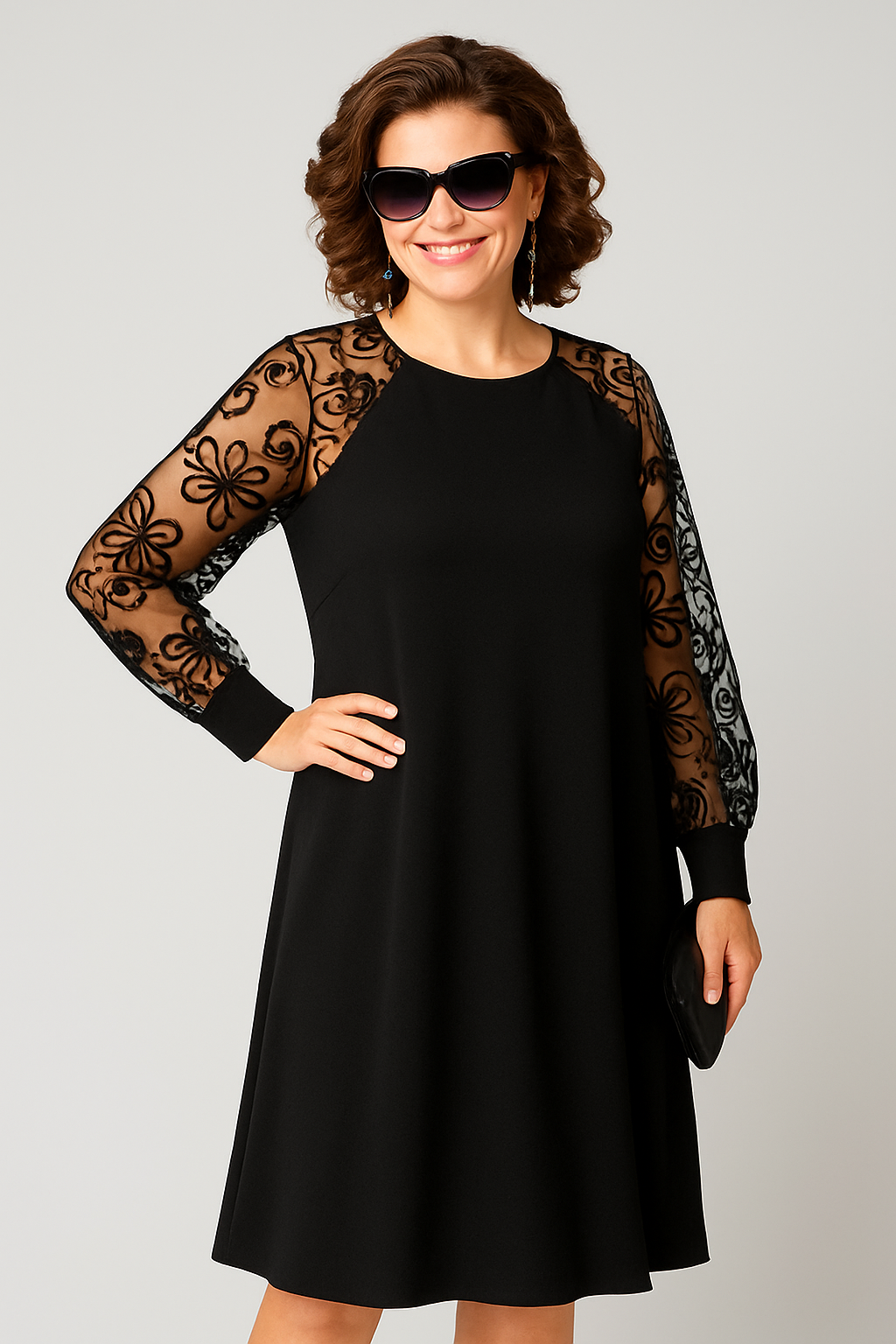 Flattering Black A-Line Dress with Lace Sleeves - 5 - Rokvane