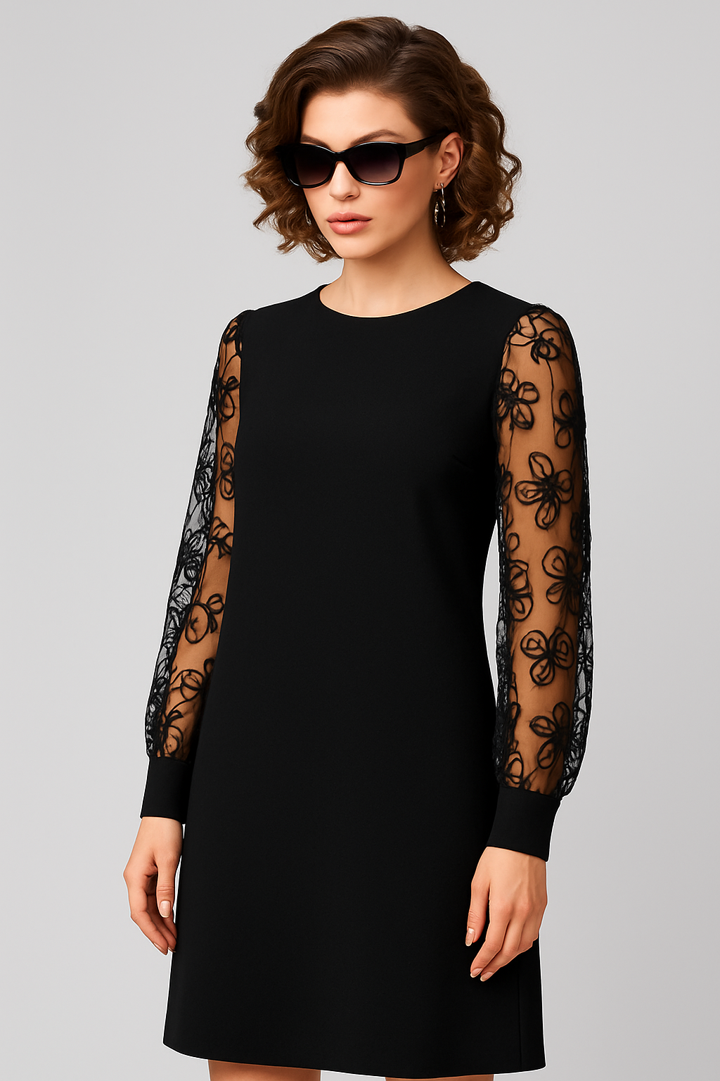 Flattering Black A-Line Dress with Lace Sleeves - 6 - Rokvane