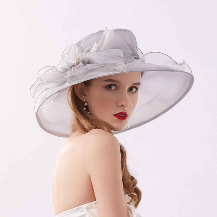 Wide Brim Organza Sun Hat for Women with Floral Detail - 8 - Rokvane