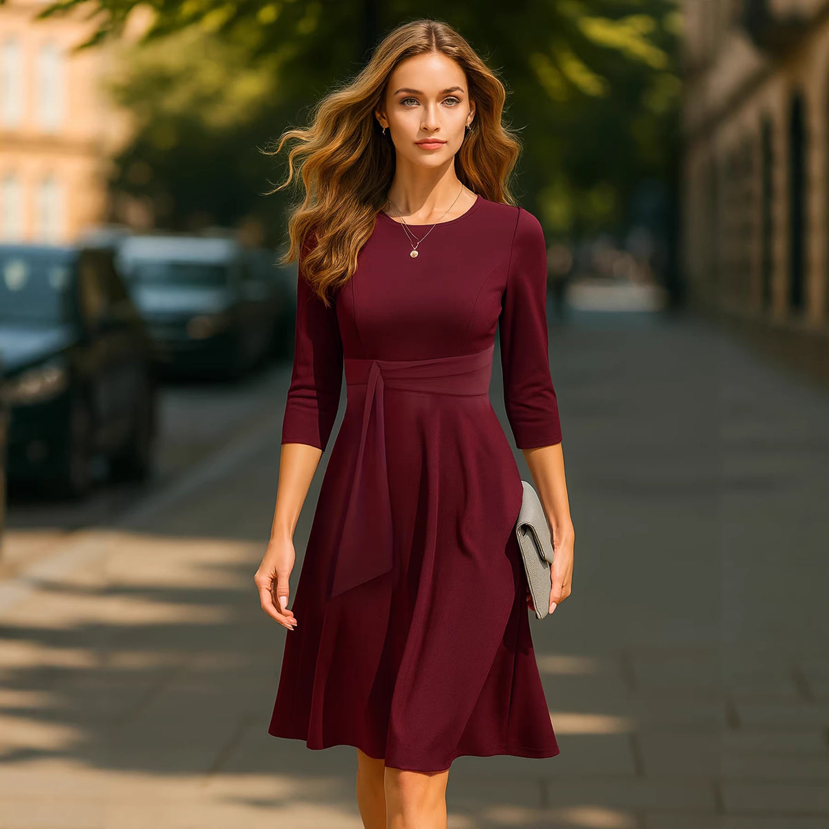 A-line Midi Dress Women's - Tie Waist Detail - 1 - Rokvane