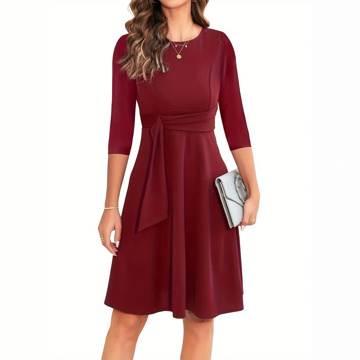 A-line Midi Dress Women's - Tie Waist Detail - 4 - Rokvane