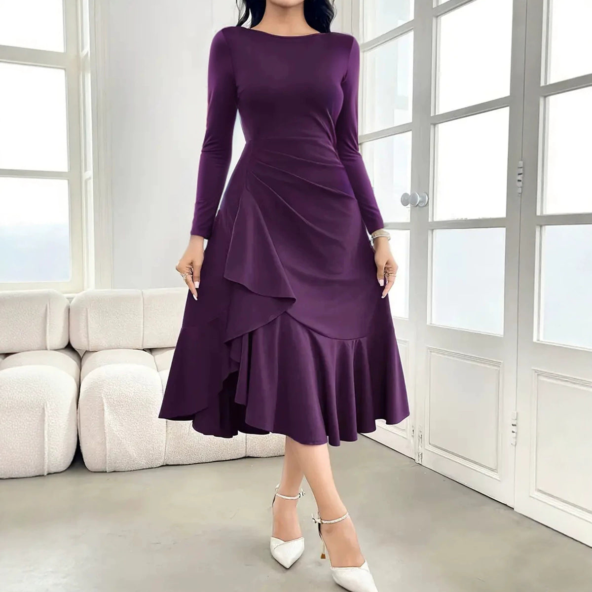 Midi Dress Women with Ruffle Hem and Long Sleeves - 1 - Rokvane