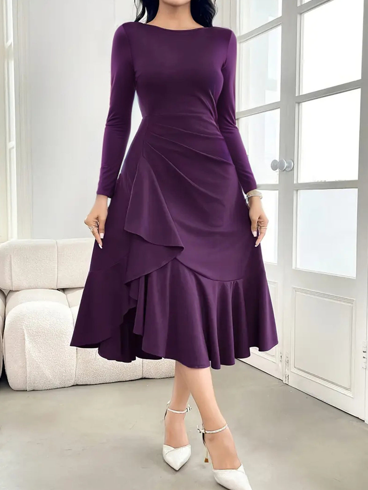Midi Dress Women with Ruffle Hem and Long Sleeves - 2 - Rokvane