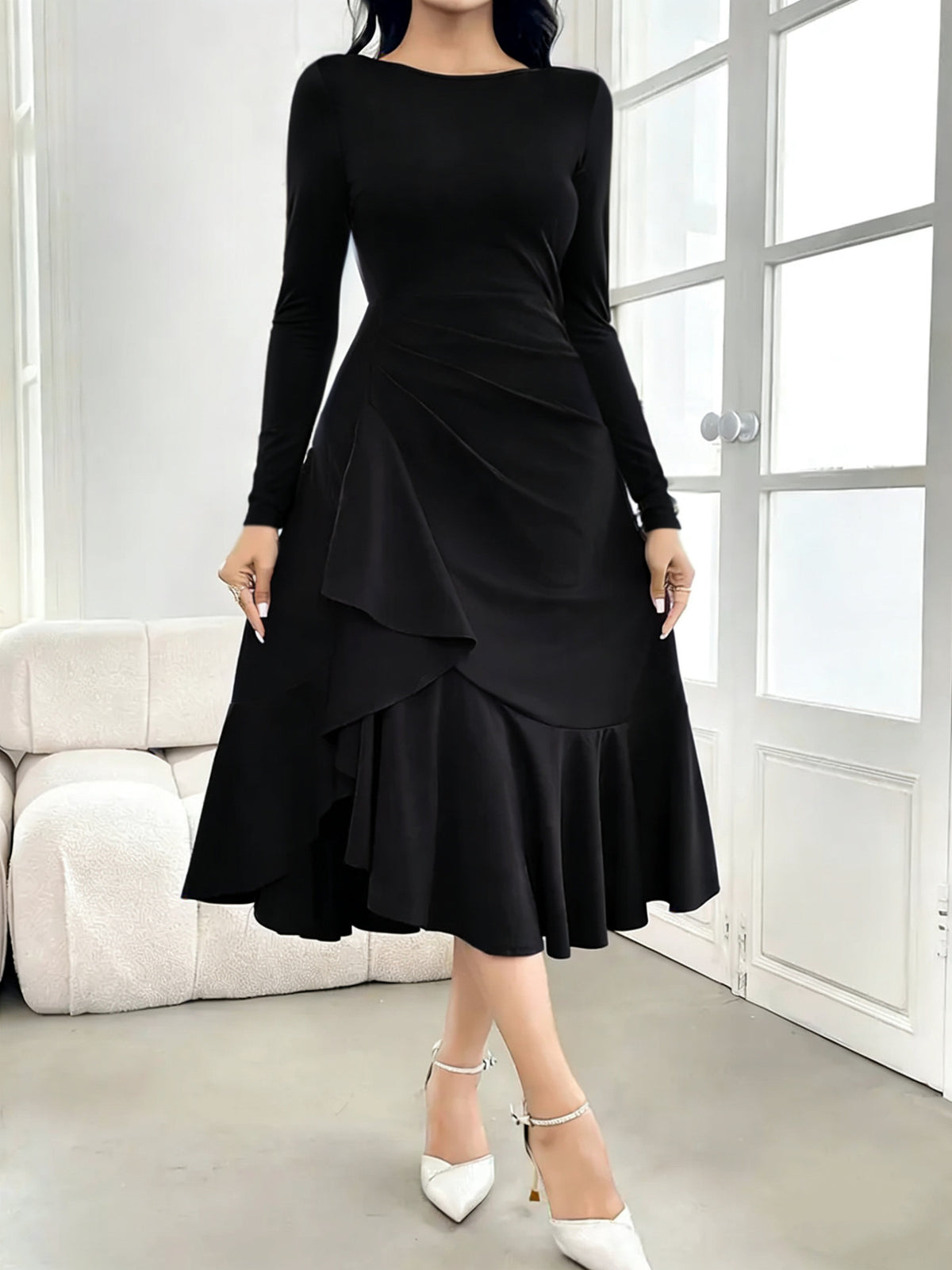 Midi Dress Women with Ruffle Hem and Long Sleeves - 3 - Rokvane