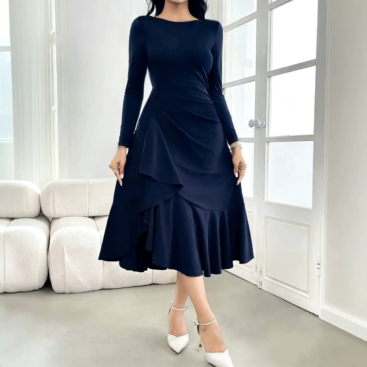 Midi Dress Women with Ruffle Hem and Long Sleeves - 4 - Rokvane