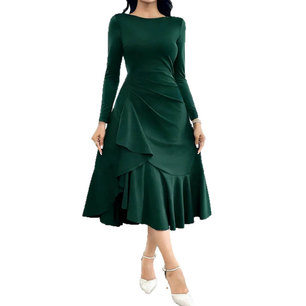 Midi Dress Women with Ruffle Hem and Long Sleeves - 5 - Rokvane