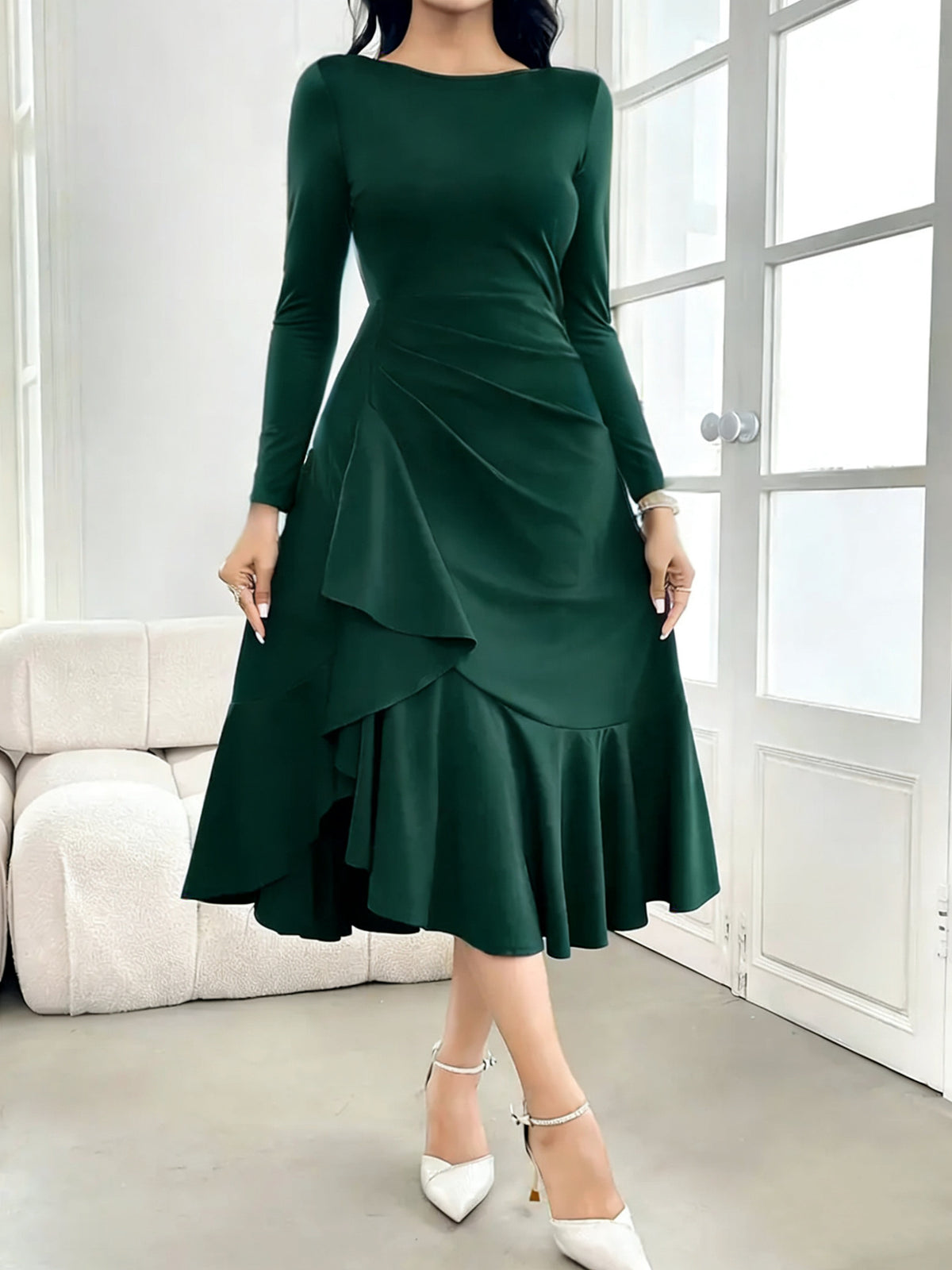 Midi Dress Women with Ruffle Hem and Long Sleeves - 6 - Rokvane