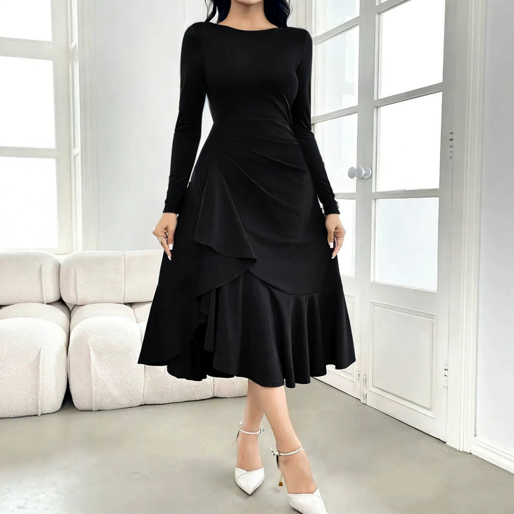 Midi Dress Women with Ruffle Hem and Long Sleeves - 8 - Rokvane