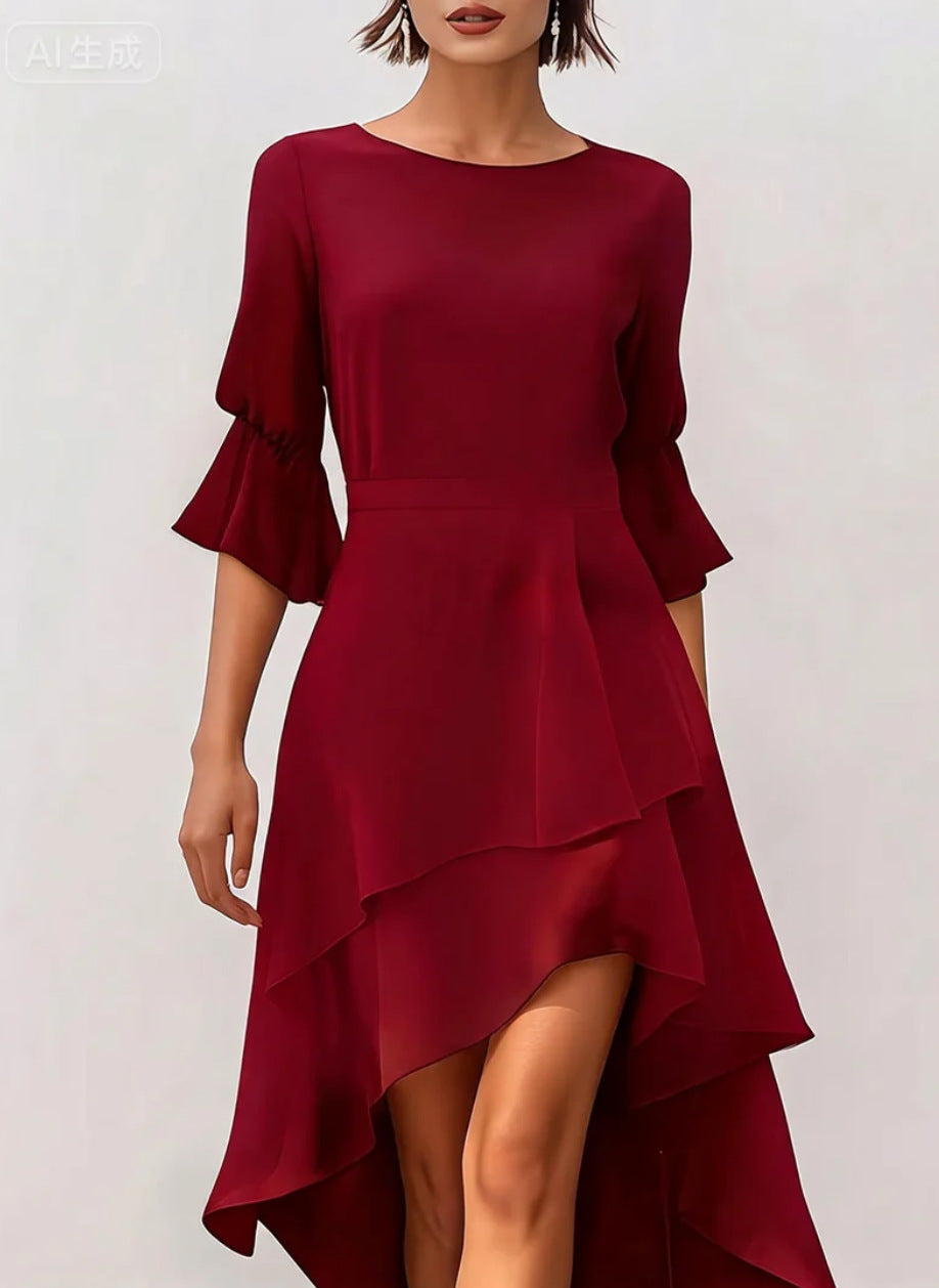 Asymmetric Hem Midi Dress Women with Ruffled Sleeves - 1 - Rokvane