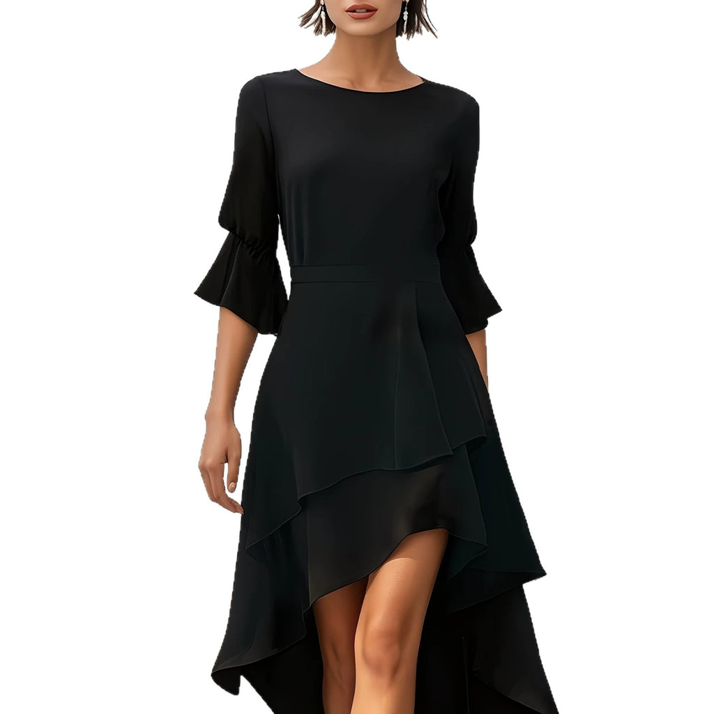 Asymmetric Hem Midi Dress Women with Ruffled Sleeves - 2 - Rokvane