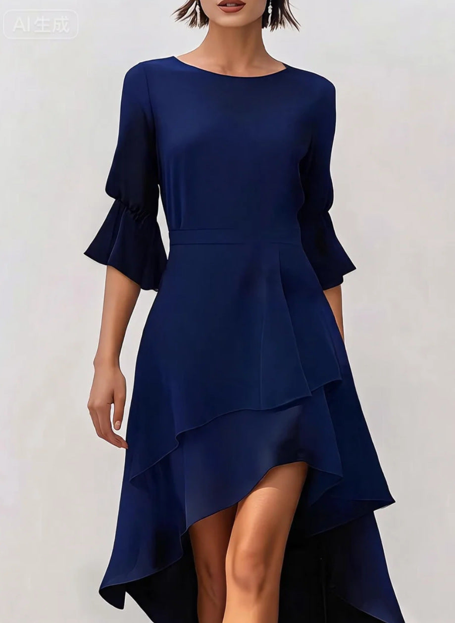 Asymmetric Hem Midi Dress Women with Ruffled Sleeves - 4 - Rokvane