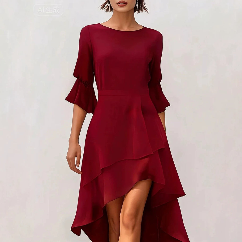 Asymmetric Hem Midi Dress Women with Ruffled Sleeves - 5 - Rokvane