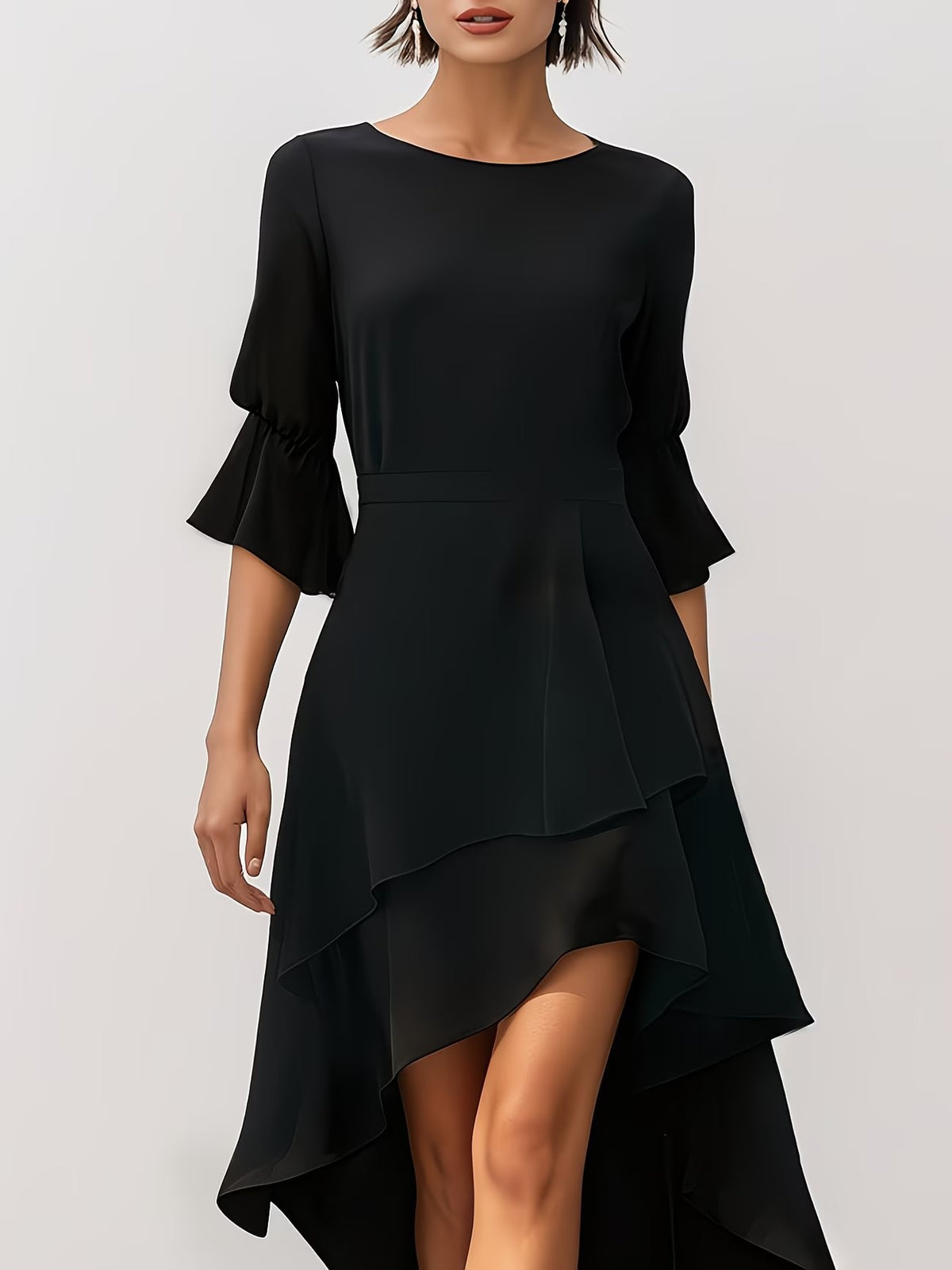 Asymmetric Hem Midi Dress Women with Ruffled Sleeves - 6 - Rokvane