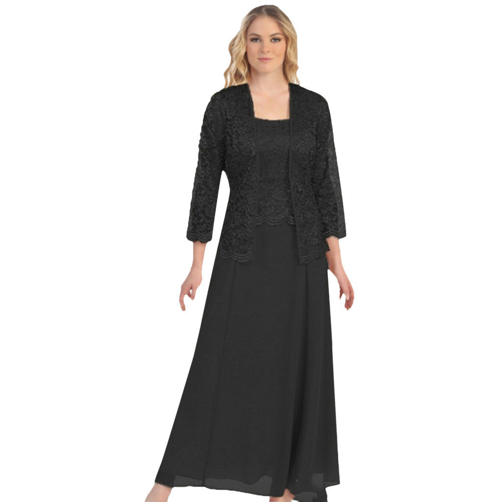 Maxi Dress Women's A-Line with Lace Overlay and Three-Quarter Sleeves - 6 - Rokvane