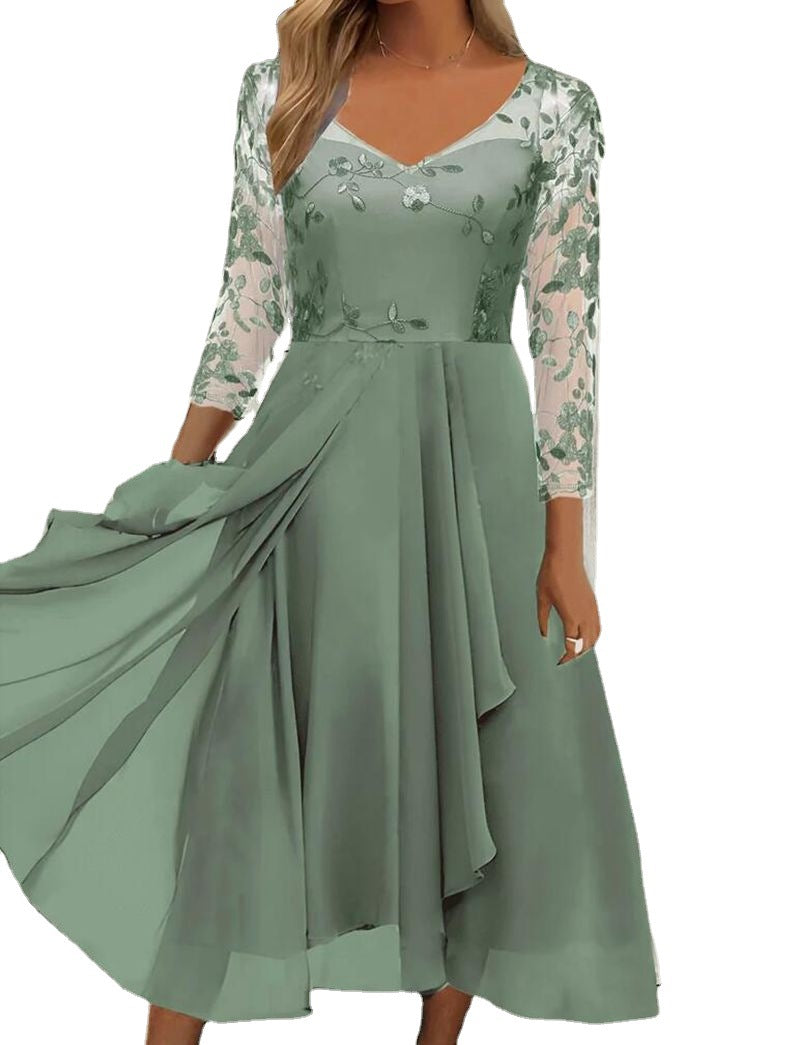 A-Line Evening Dress Women's V-Neck Floral Print with Three-Quarter Sleeves - 1 - Rokvane