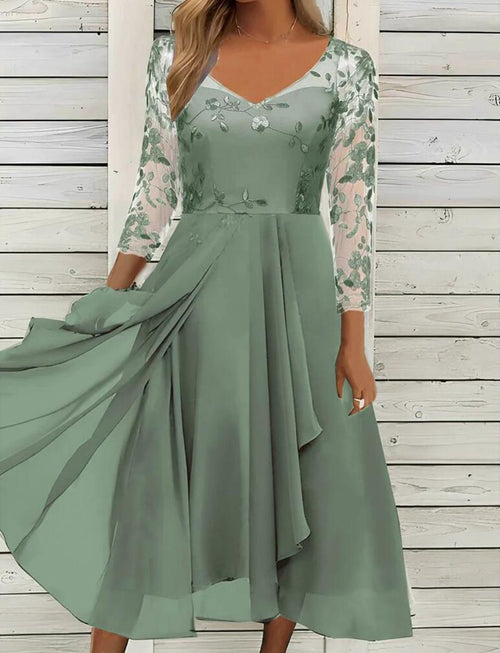 A-Line Evening Dress Women's V-Neck Floral Print with Three-Quarter Sleeves - 2 - Rokvane