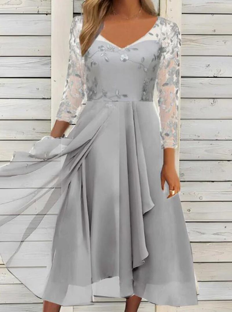 A-Line Evening Dress Women's V-Neck Floral Print with Three-Quarter Sleeves - 5 - Rokvane