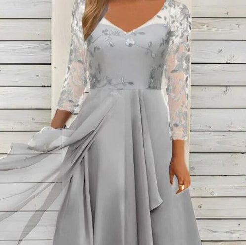 A-Line Evening Dress Women's V-Neck Floral Print with Three-Quarter Sleeves - 8 - Rokvane