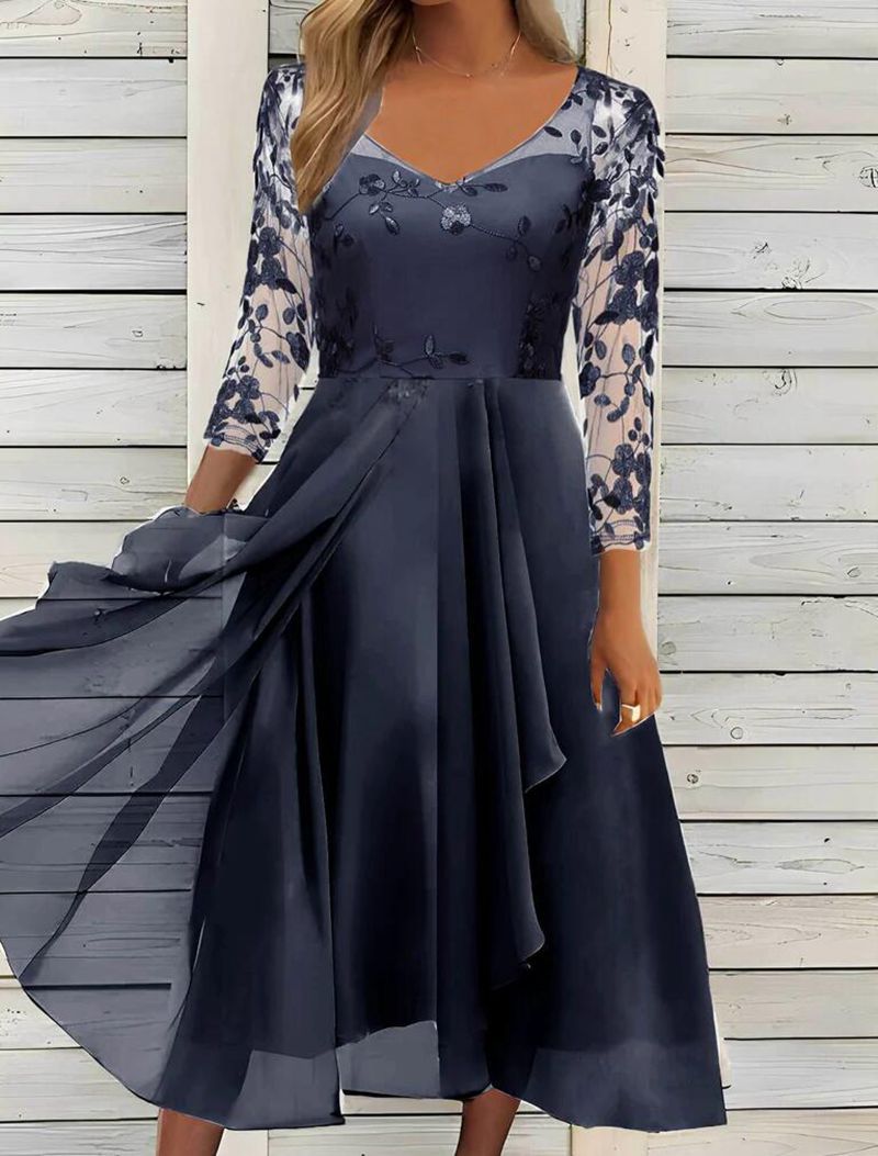 A-Line Evening Dress Women's V-Neck Floral Print with Three-Quarter Sleeves - 9 - Rokvane