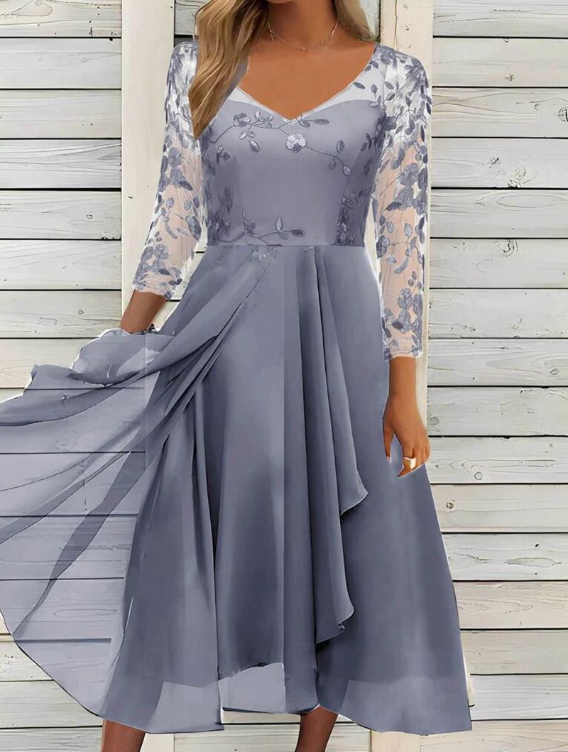 A-Line Evening Dress Women's V-Neck Floral Print with Three-Quarter Sleeves - 12 - Rokvane