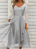 A-Line Evening Dress Women's V-Neck Floral Print with Three-Quarter Sleeves - 13 - Rokvane