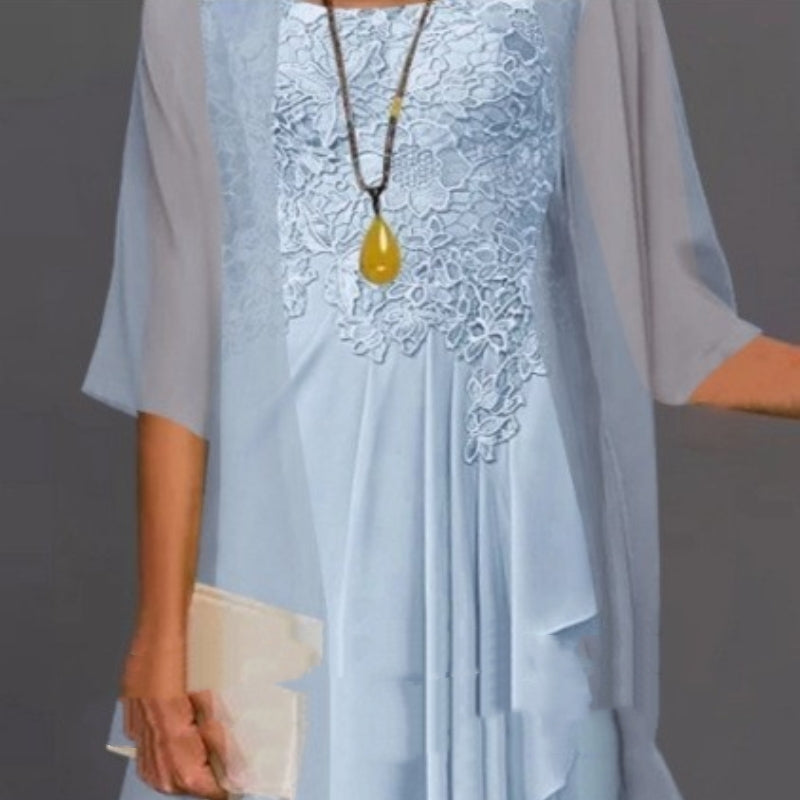 Elegant Two-Piece Set Women - Flattering A-Line Maxi Dress with Sheer Sleeves - 3 - Rokvane