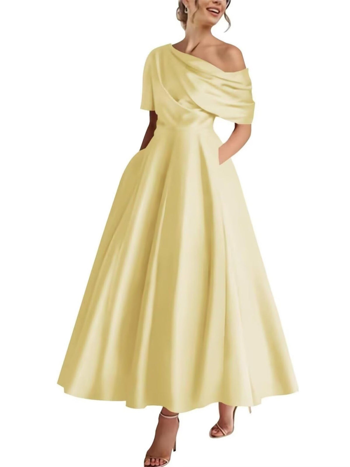 Evening Dress Women's Off-the-shoulder Draped Design with Pockets - 6 - Rokvane