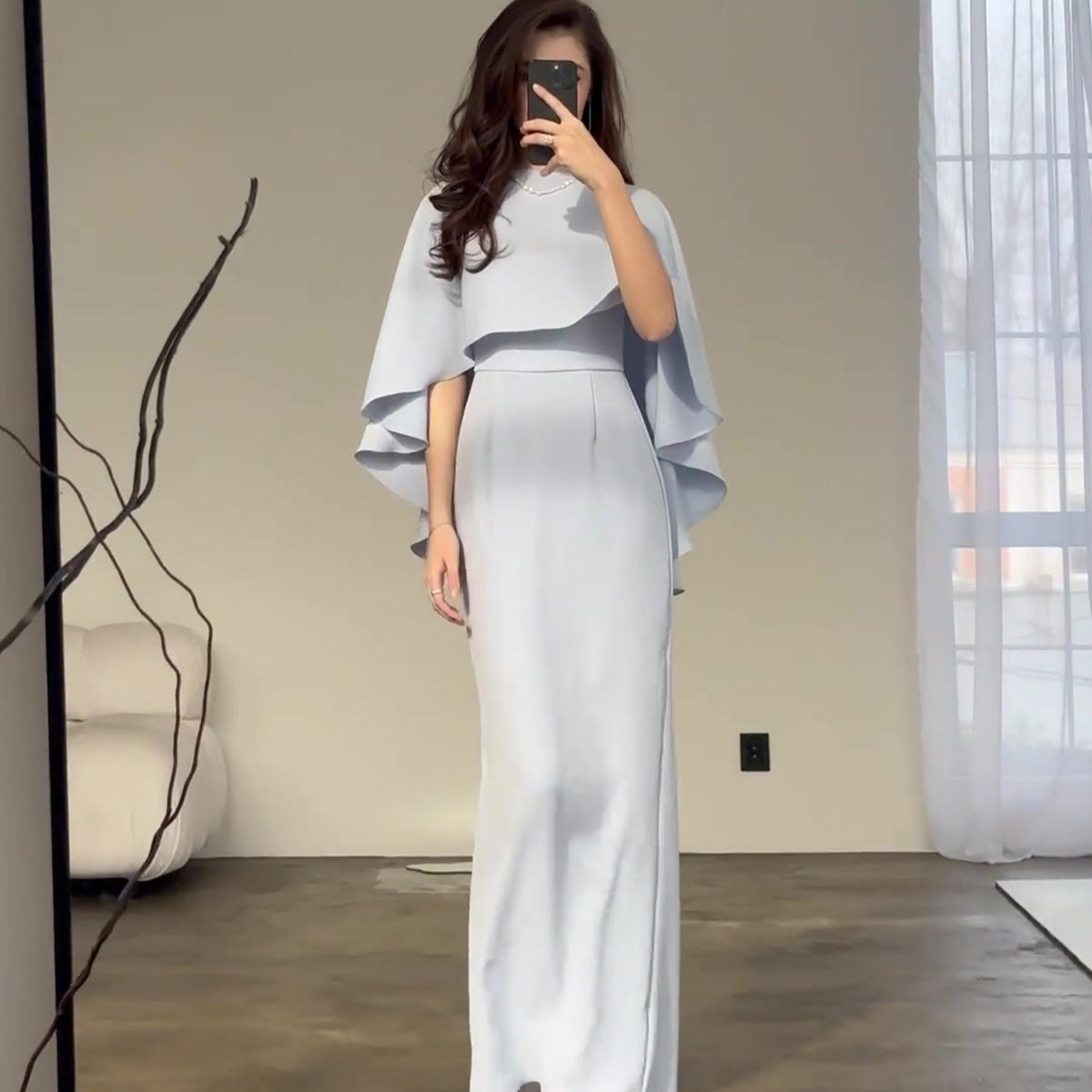 Maxi Dress Women - Elegant Cape Sleeves and Fitted Silhouette - 2 - Rokvane