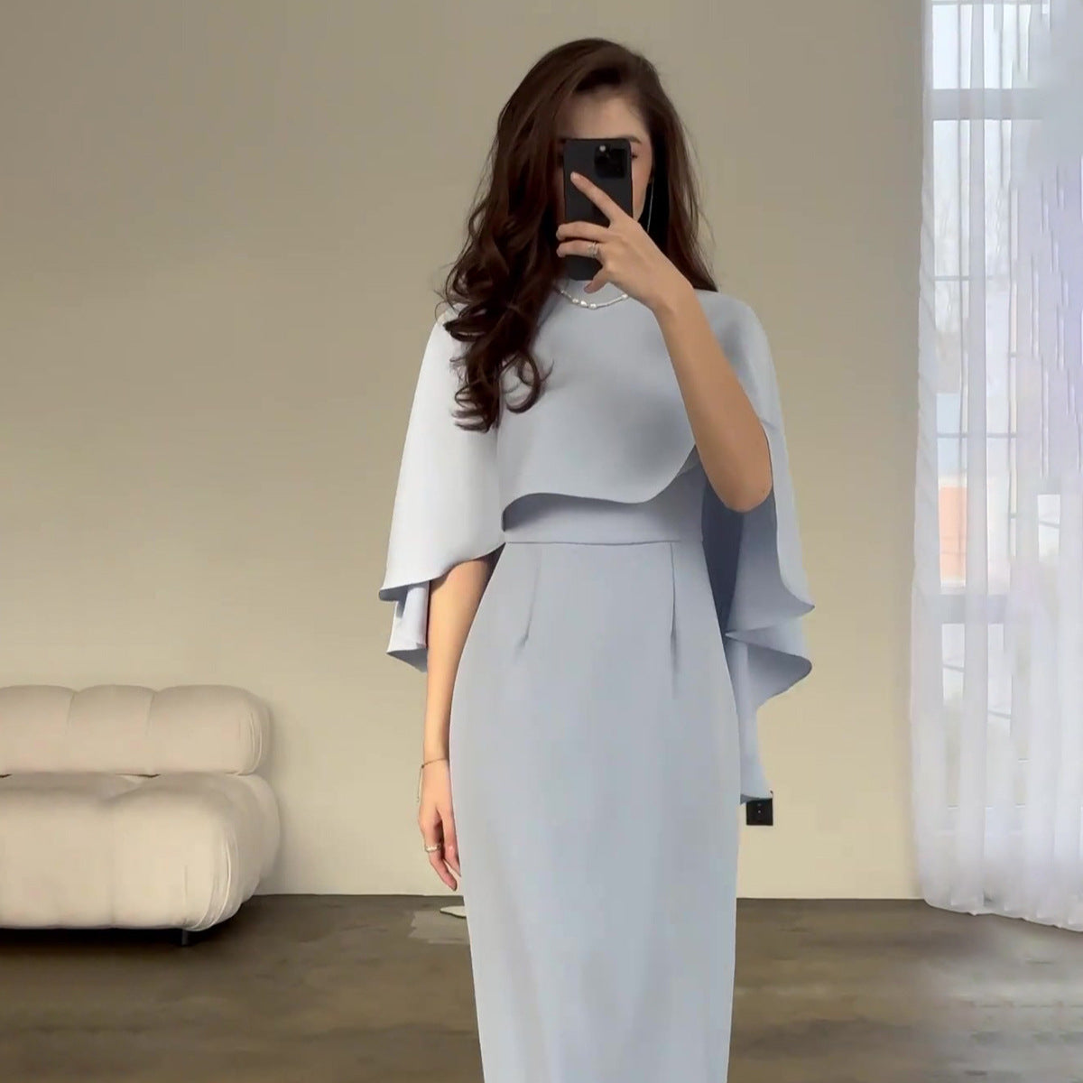 Maxi Dress Women - Elegant Cape Sleeves and Fitted Silhouette - 3 - Rokvane