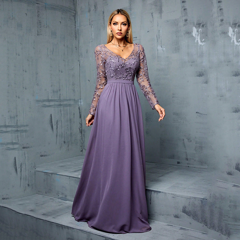 Evening Dress Women - Long Sleeve V-Neck with Flattering A-Line Skirt - 1 - Rokvane