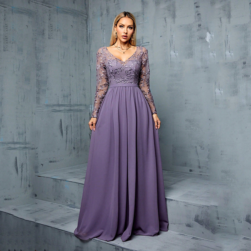 Evening Dress Women - Long Sleeve V-Neck with Flattering A-Line Skirt - 2 - Rokvane