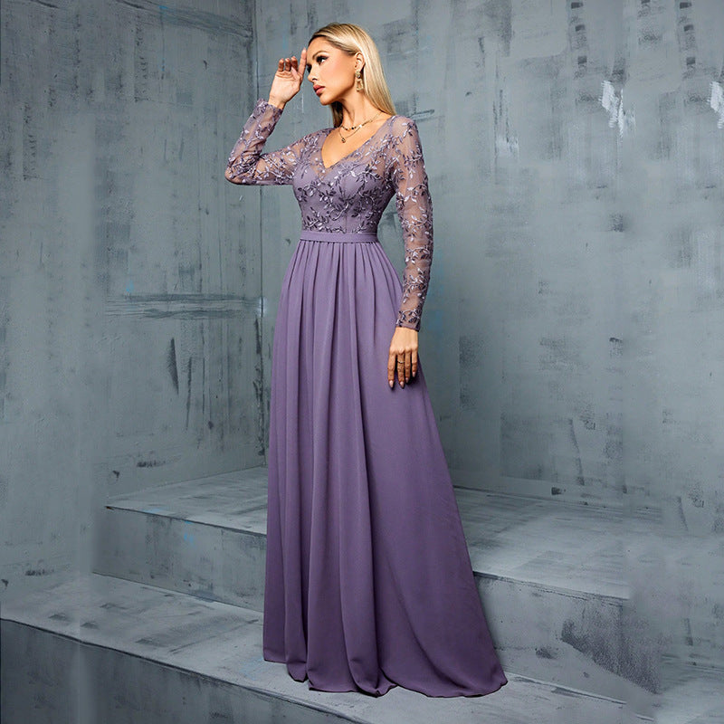 Evening Dress Women - Long Sleeve V-Neck with Flattering A-Line Skirt - 5 - Rokvane