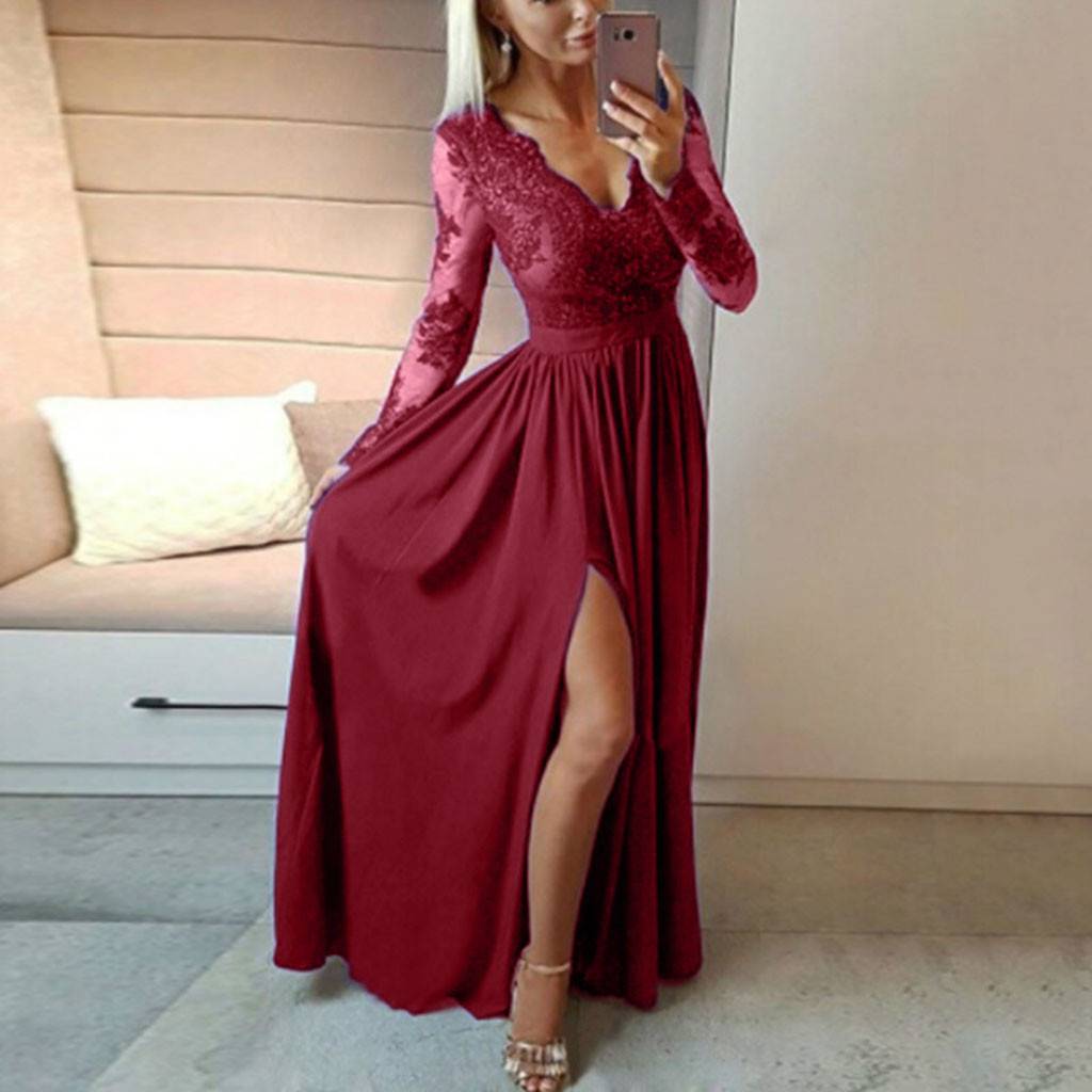 Evening Dress Women Long Sleeve V-neck Flattering Fit - 7 - Rokvane