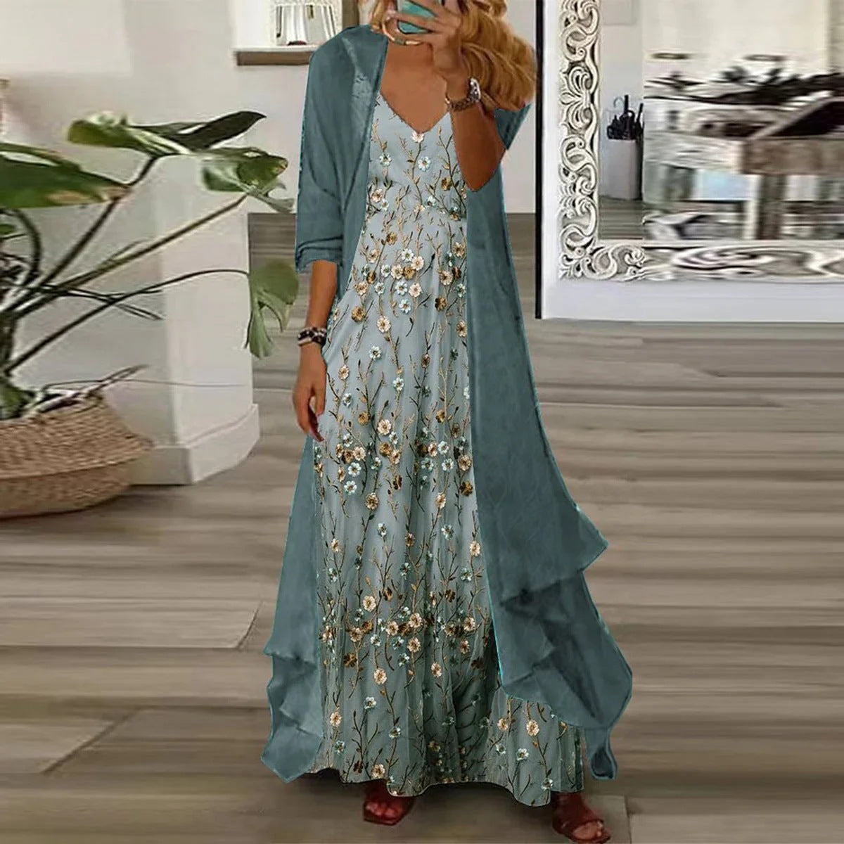 Floral Maxi Dress Women with Long Jacket and V-Neck - 1 - Rokvane