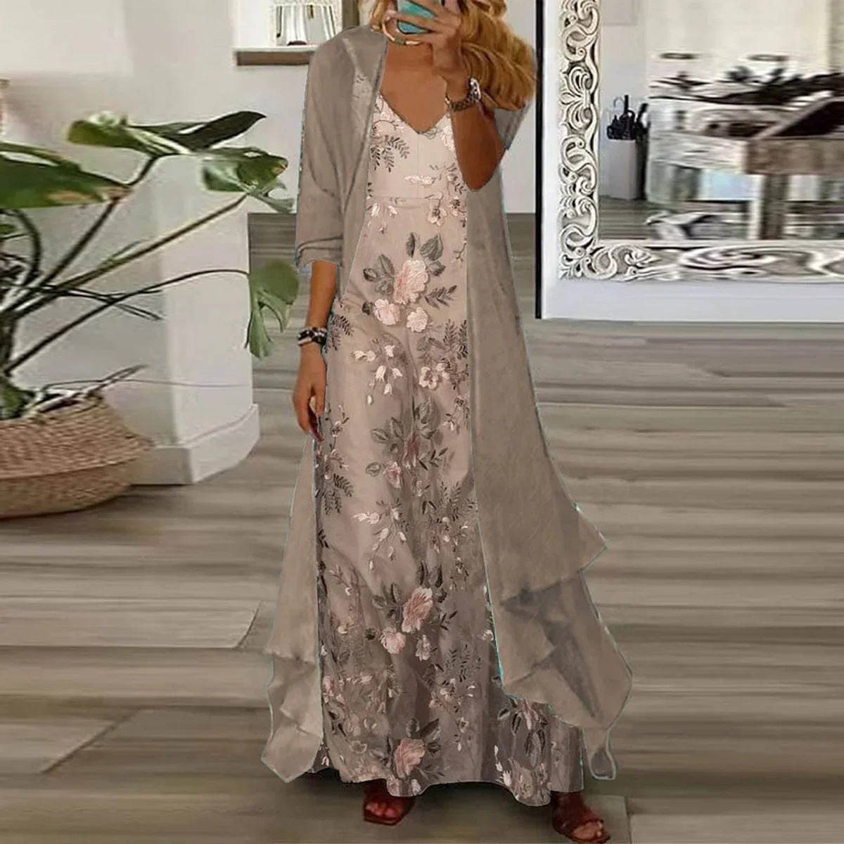 Floral Maxi Dress Women with Long Jacket and V-Neck - 2 - Rokvane