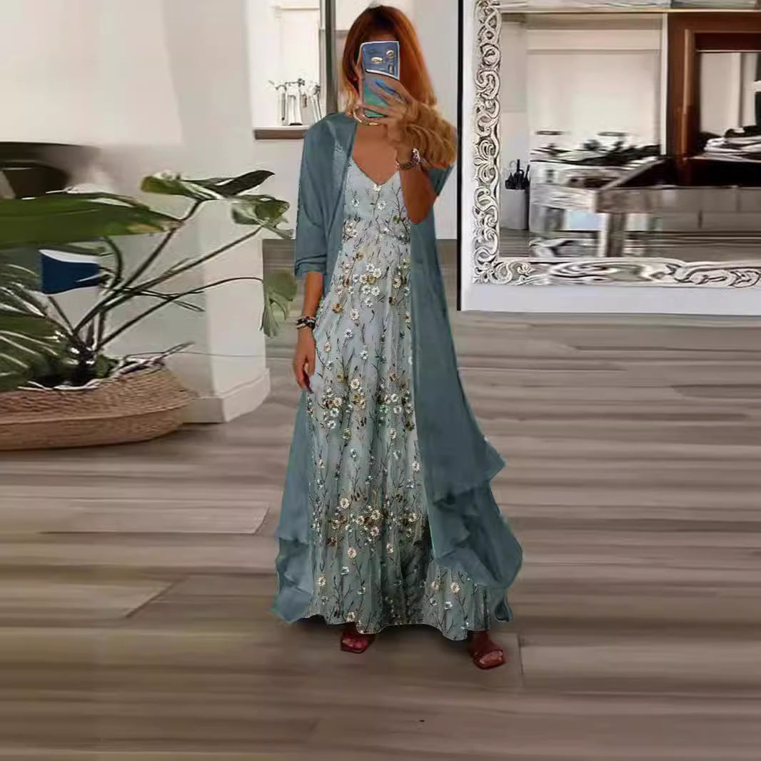 Floral Maxi Dress Women with Long Jacket and V-Neck - 3 - Rokvane