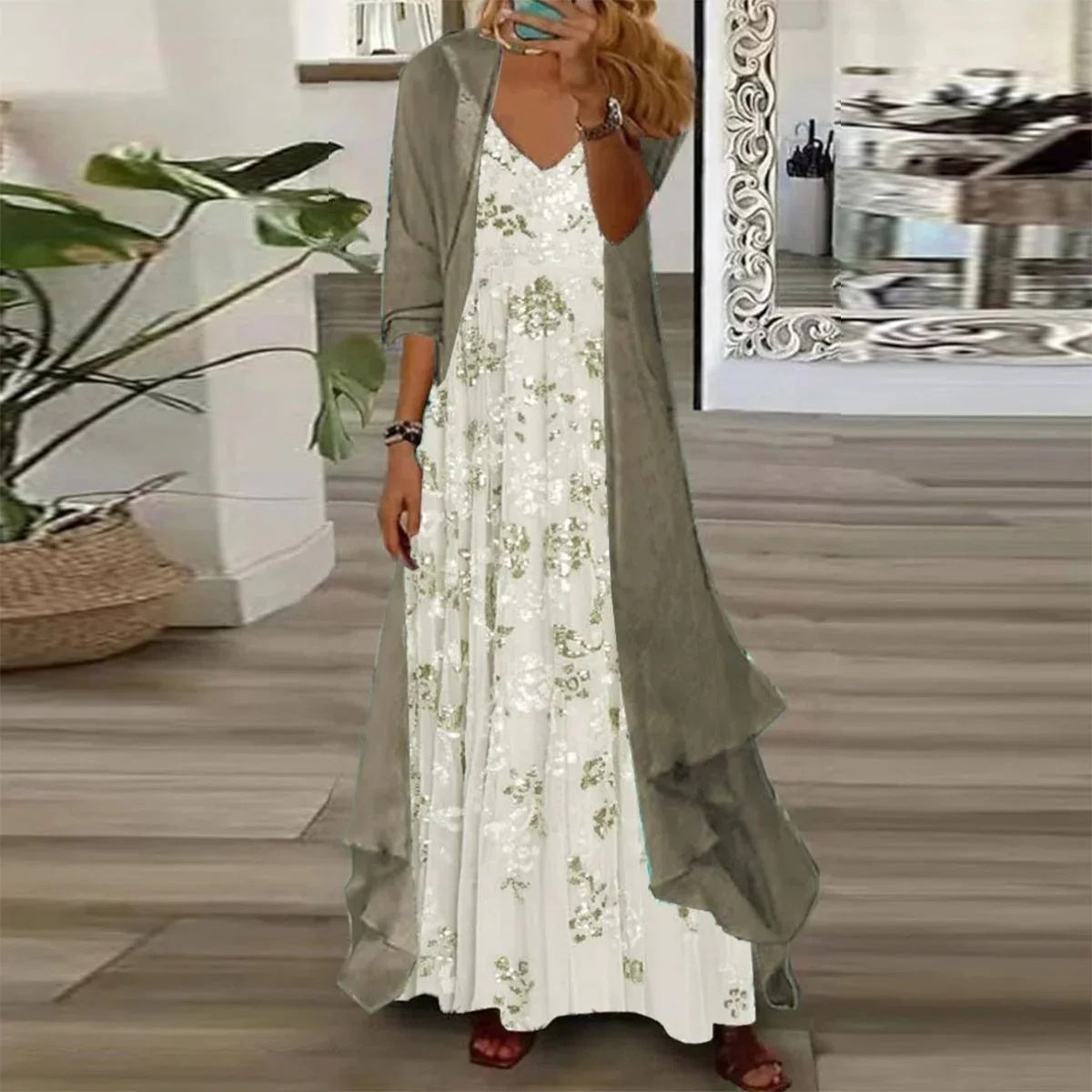 Floral Maxi Dress Women with Long Jacket and V-Neck - 5 - Rokvane